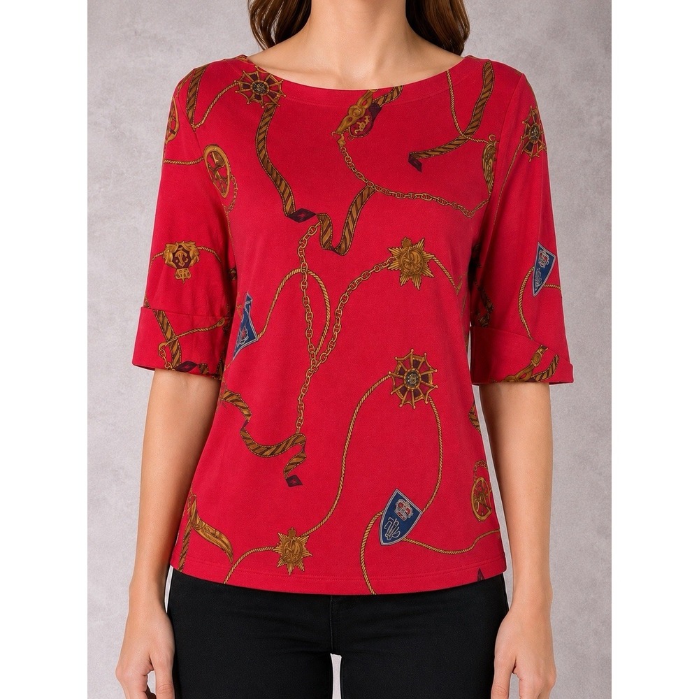 Lauren Ralph Lauren Black Label Blouse Womens Large Red Nautical Chain Print Top